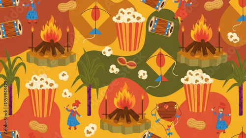 Vibrant illustration of people dancing around bonfires in a festive outdoor setting with palm trees and lanterns, viewed from above