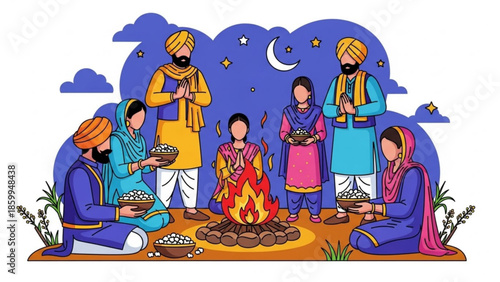 People gathering around a fire under a starry night sky with a crescent moon