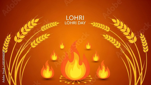 Vibrant Lohri celebration with bonfires and wheat stalks on a warm orange background