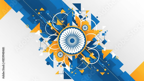 Vibrant geometric shapes and abstract elements surrounding the Indian flag's wheel symbolize cultural heritage and national pride in a dynamic composition