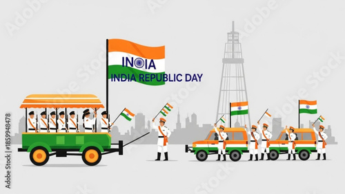 Celebration of Republic Day in India with a festive procession of vehicles and people holding flags