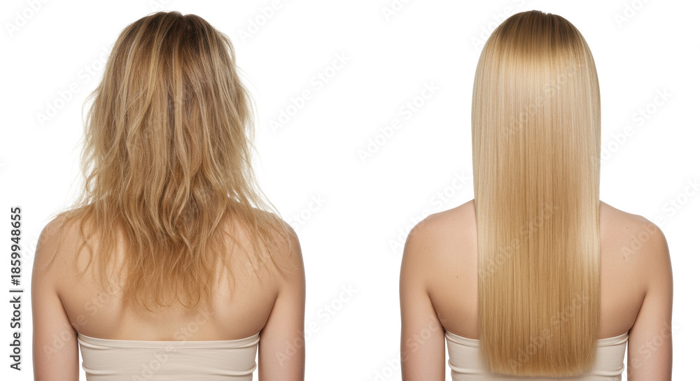 Naklejka premium Young caucasian woman with long blonde hair transformation, dry and frizzy (left) to sleek and shiny (right), back view against transparent studio backdrop, concept of hair care efficacy