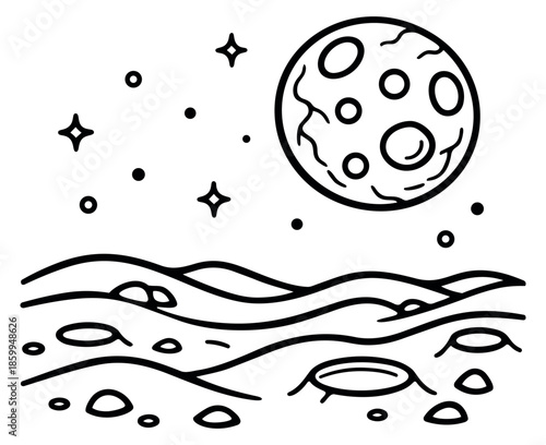 Hand drawn line art illustration of the moon and lunar landscape depicting an outer space scene for astronomy education