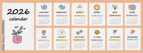 Lovely typography calendar template for 2026 year with inspirational, compliment lettering in bubbles. Calendar grid with weeks starts on Monday for kids nursery. Vertical monthly calender layout