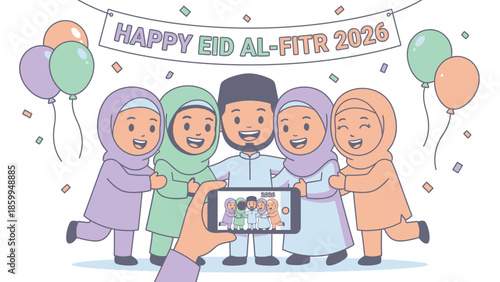 Happy Eid Al-Fitr Family Taking Selfie Together.