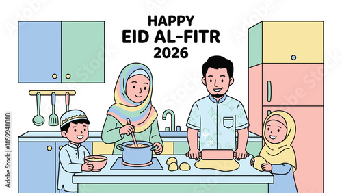 Happy Eid Al-Fitr Family Preparing Food Together.