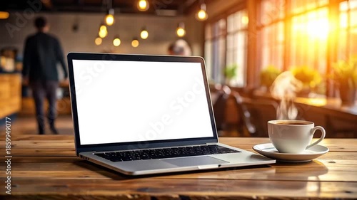 Laptop and Coffee at Cafe: Blank Screen Workspace