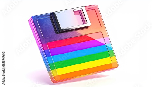 A 3D rendered rainbow-colored floppy disk with a silver latch
