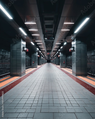 A long, dark subway station platform stretches into the distance, illuminated by bright overhead lights and signage.