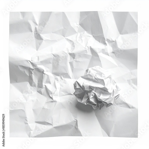 Crumpled white paper sheet, with a crumpled ball, starkly lit