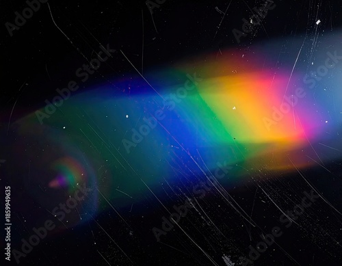 A vibrant spectrum of light bursts forth against a scratched, black backdrop