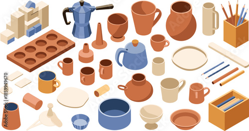 Isometric pottery and ceramic tableware set with cups, vases, bowls and handmade clay products, artisan craft illustration collection