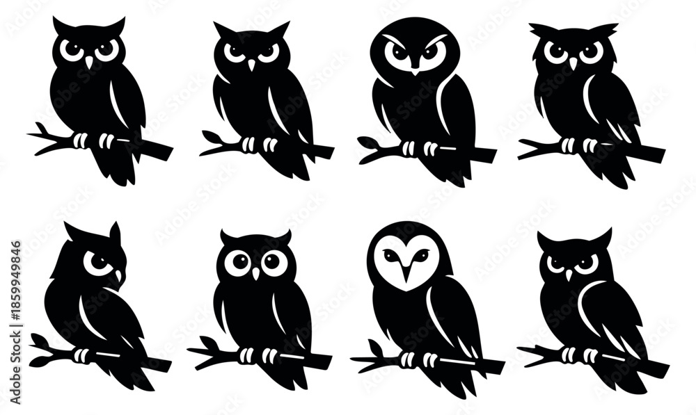 Fototapeta premium Graphic owl set featuring various unique silhouettes perched on branches for nature designs