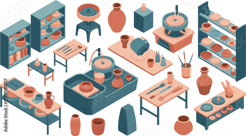 Isometric pottery studio illustration with ceramic wheels, tools, shelves and handmade clay products, artisan workshop and craft production scene