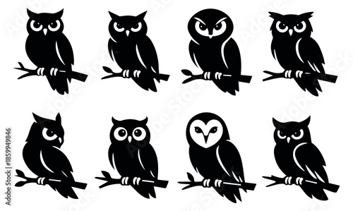 Graphic owl set featuring various unique silhouettes perched on branches for nature designs