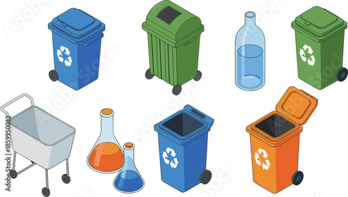 Isometric recycling and waste management icons set with trash bins, bottles, containers and laboratory flasks, eco friendly illustration