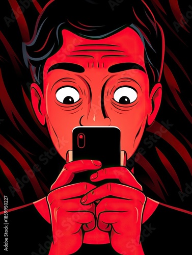Anxious person staring at their smartphone with wide eyes in red light