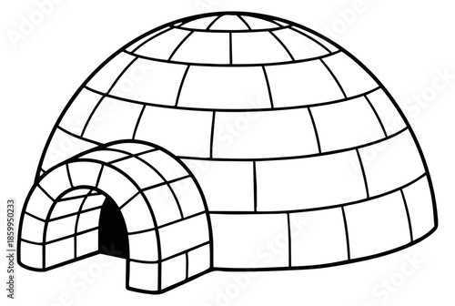 Hand drawn line art illustration of an igloo depicting an arctic shelter for cold weather themes