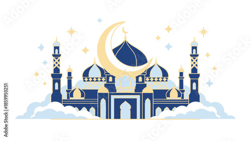 Islamic Mosque Architecture with Crescent Moon and Stars.