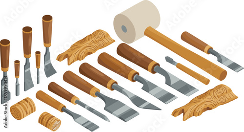 Isometric woodworking tools set with chisels, carving knives, wooden mallet and wood textures, carpenter craft equipment illustration