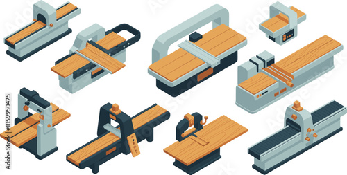 Isometric woodworking and industrial cutting machines set, modern factory equipment for wood processing, manufacturing and production line vector illustration