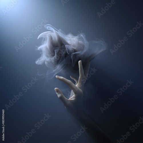 Gracile hand reaching into swirling mysterious smoke with a soft light