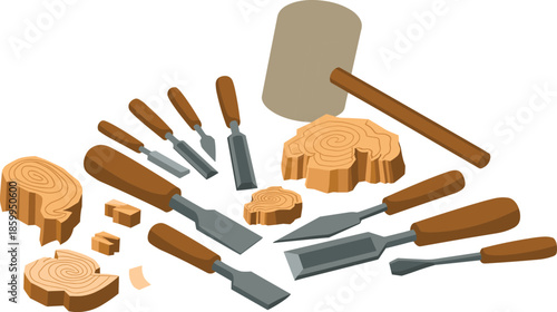 Isometric woodworking tools set with chisels, carving knives, wooden mallet and wood textures, carpenter craft equipment illustration