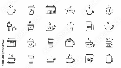 Collection of coffee icons representing various coffee drinks and shops.