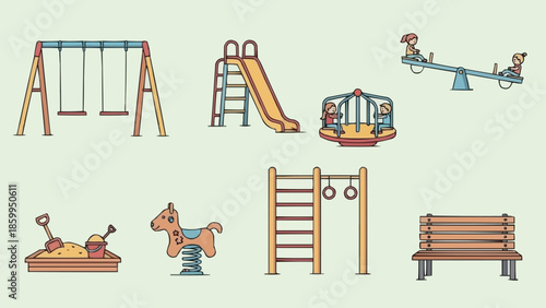 Collection of Colorful Playground Equipment Icons on Light Green Background.
