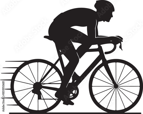 Cyclist silhouette in motion, flat design, black on white