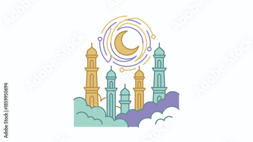 Islamic mosque with crescent moon and minarets illustration.