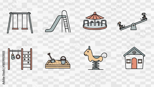 Collection of colorful cartoon playground equipment icons.