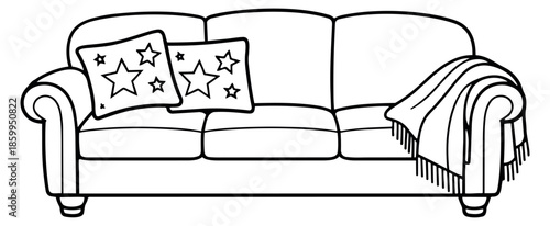 Hand drawn line art illustration of a sofa depicting decorative cushions and a throw blanket for a cozy home interior