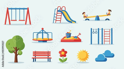 Collection of colorful playground equipment and elements for children.