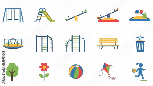 Collection of colorful playground equipment and outdoor toys.