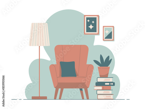 Cozy reading nook illustration with a comfortable armchair, floor lamp, stacked books, and a potted plant in a modern flat design style.