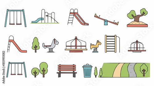 Collection of Colorful Playground Equipment and Park Elements.