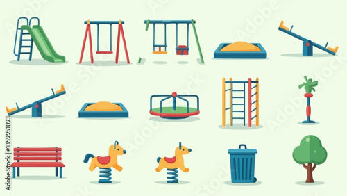 Collection of colorful playground equipment and park elements.