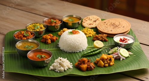 Traditional South Indian Banana Leaf Meal with Rice Curry and Sides