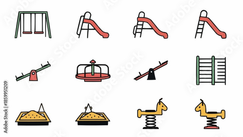Collection of colorful playground equipment icons isolated on white background.