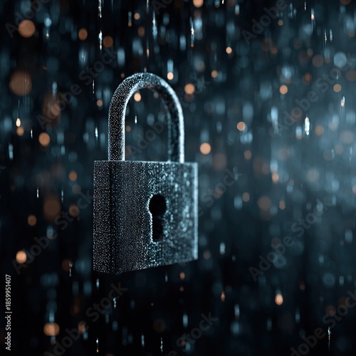 A dark padlock is suspended in a rainstorm, symbolizing security and protection amidst chaos.