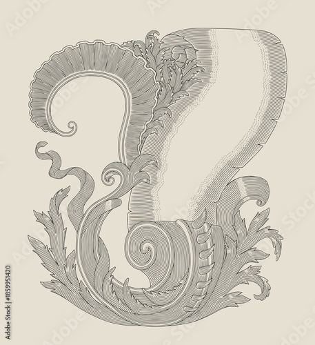 Frame with scroll paper, coral and floral ornament, vintage engraving drawing style illustration