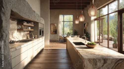 Modern open-concept kitchen featuring natural stone surfaces, wooden accents, and large windows with beautiful outdoor views
