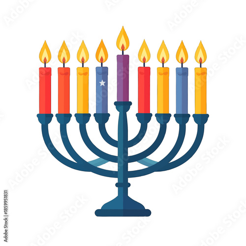Nine Flickering Candles on a Dark Blue Menorah Illuminated with Warm Light on a White Background