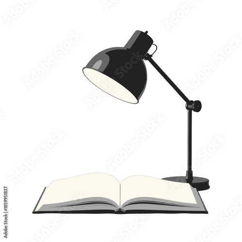 An Open Book Lies Beneath a Desk Lamp with a Black Arm and White Shade Illuminating the Pages in a Studio Setting