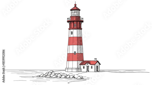 Hand-drawn Lighthouse with Red and White Stripes Coastal Building Illustration.