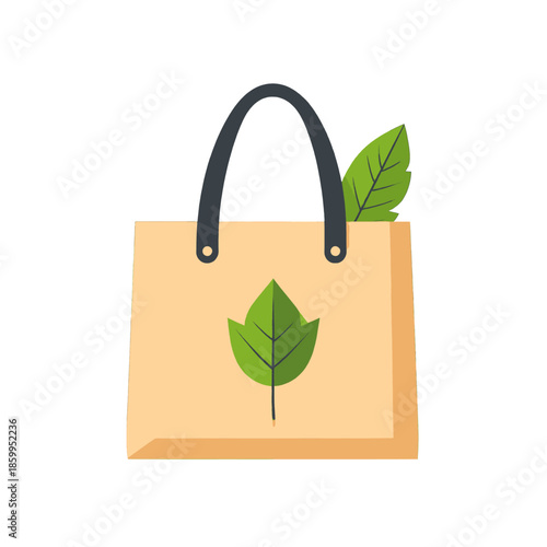 Beige Reusable Shopping Bag with Green Leaf Emblem and Handle Against White Background