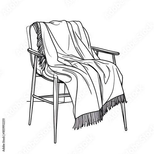 Sketch of a woolen blanket draped over a wooden armchair featuring fringe detail and a minimalist aesthetic on a white background