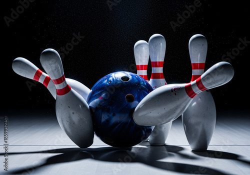 Blue Bowling Ball Strikes Pins Dramatic Impact Scene
