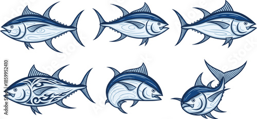 Tuna fish illustration set with various artistic patterns and realistic line art for seafood logo and brandingTuna fish illustration set with various artistic patterns and realistic line art for seafo